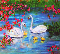 Два лебедя с малышами под сакурой