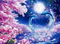 Прыжок дельфинов на фоне полнолуния