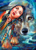 Индианка и ее волчица на фоне луны