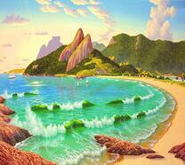 Песочный пляж в горной местности