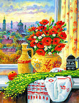 Букет маков в кувшине на окне