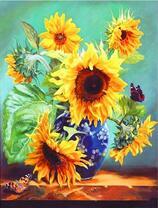 Подсолнухи с бабочками в синей вазе