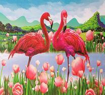 Пара фламинго и озеро в цветущих розах