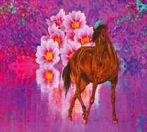 Лошадь на озере с большими цветами