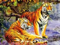 Два больших тигра под деревом