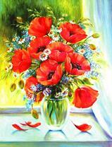 Полевые маки и ромашки в прозрачной вазе