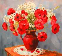 Ромашки и маки в глиняном кувшине