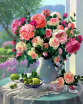 Большой букет роз и фрукты