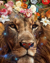 Голова льва среди цветов и бабочек