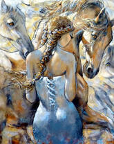 Длинноволосая девушка и лошади