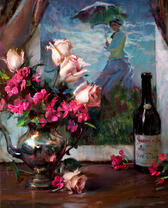 Букет цветов и бутылка вина