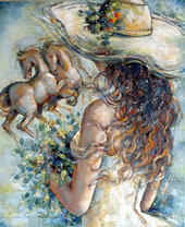 Девушка с букетом любуется лошадьми