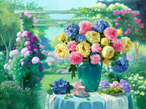 Огромный букет цветов в летнем саду