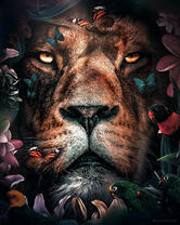 Портрет льва среди цветов и бабочек