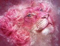 Розовый лев и розы
