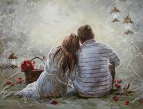 Романтическая пара и корзина тюльпанов