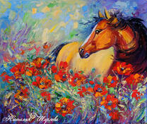 Лошадь среди красных цветов