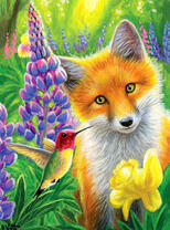 Лисёнок среди весенних цветов