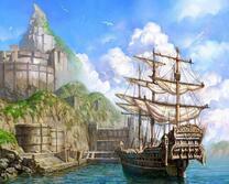 Деревянный корабль у каменного города