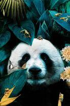 Портрет панды среди листьев и цветов