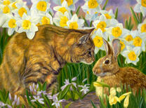 Кошка с кроликом в нарциссах