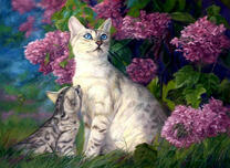 Кошка с котёнком под сиренью