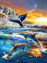 Кит и дельфины у скал