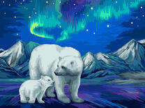 Белый медвежонок с мамой под северным сиянием