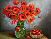 Спелые фрукты под букетом маков