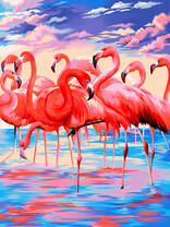 Стая фламинго на зеркальном озере