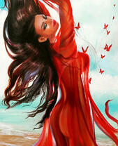 Девушка в красном платье на фоне неба