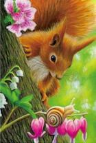 Белочка на дереве и улитка на цветах