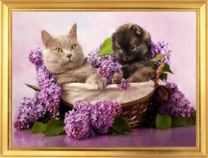 Серый кот и щенок в корзине с сиренью