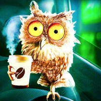 Сова со стаканом горячего кофе