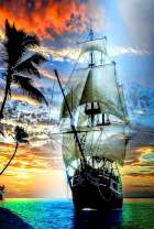 Черный корабль с белыми парусами у острова