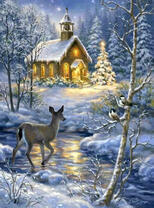 Церковь в зимнем лесу и олененок у реки