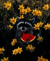 Енот с арбузом в желтых нарциссах