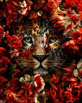 Леопард прячется в красных орхидеях