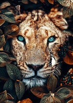 Голубоглазая львица в листьях кустарника