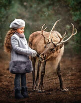 Девочка угощает оленя