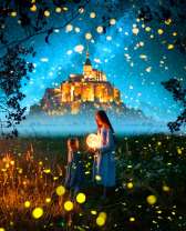 Девочки на ночном поле огоньков