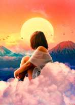 Девушка на горе встречает солнце