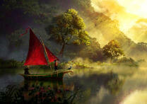 Лодка с красным парусом на небольшом озере