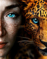Голубоглазые девушка и леопард