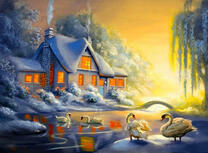 Белые лебеди на зимнем озере у домика