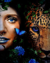 Девушка, леопард и синие бабочки