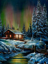 Зимний пейзаж с деревянным домиком у реки