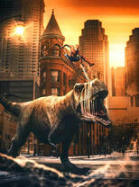 Человек-паук и динозавр в городе