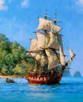 Деревянный корабль у острова