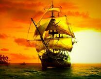 Пиратский корабль в лучах заходящего солнца
